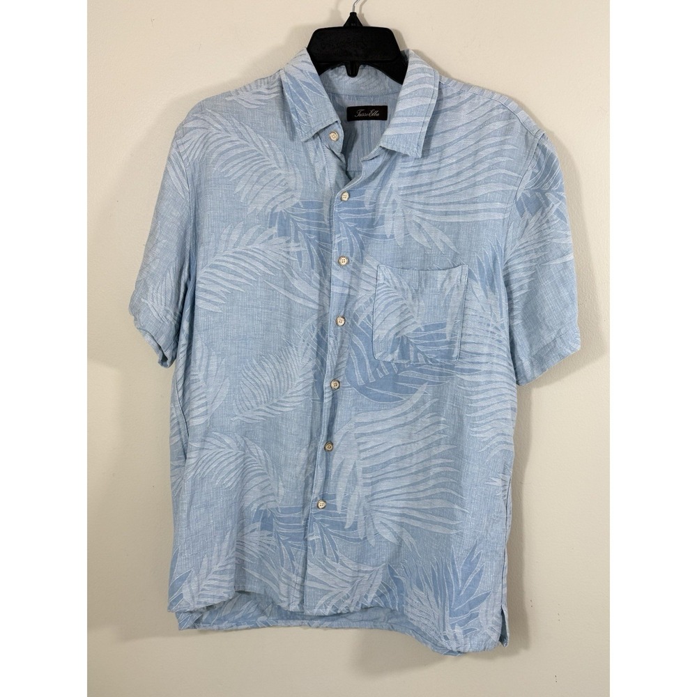 Tasso Elba Island Silk Linen Shirt Mens L Blue Palm Tree Hawaiian Tropical